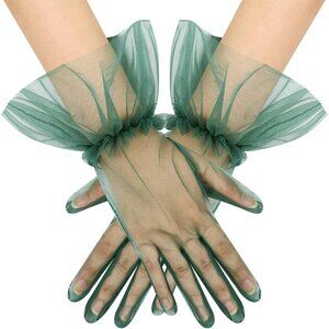 Women's Puffy Ruffle Green Tulle Sheer Mesh Party Prom One Size Short Gloves